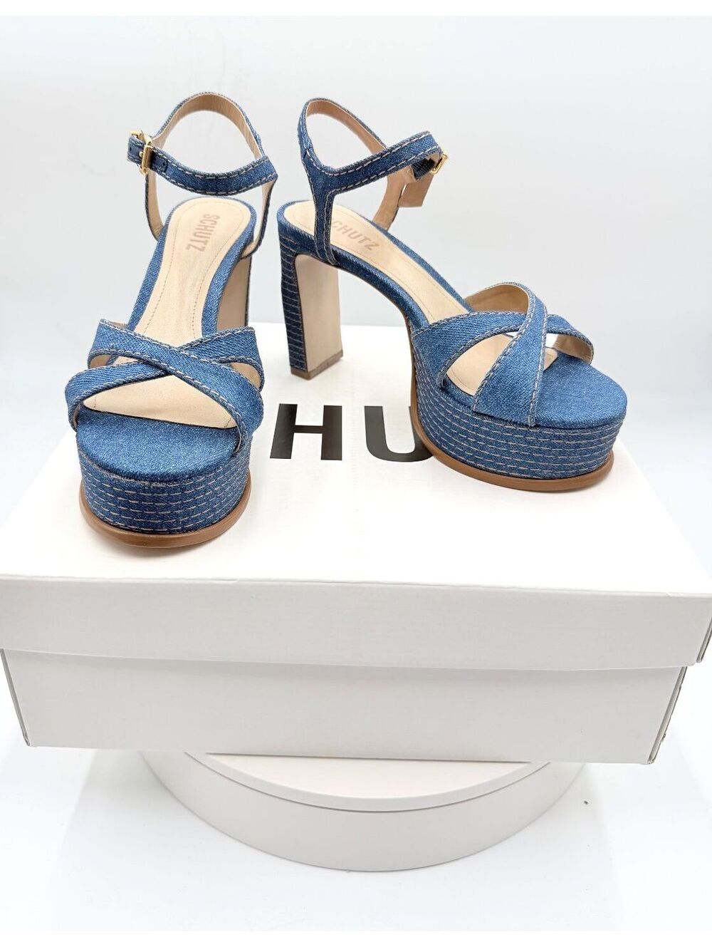 Schutz Keefa Denim Platform Sandals Block Ankle Strap Size 7.5 NWT!